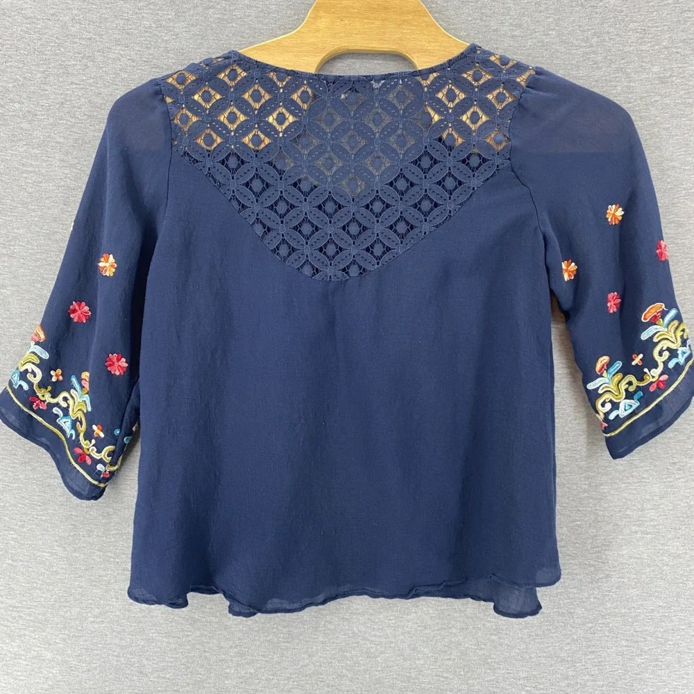 Figueroa & Flower Womens 1X Festival Peasant Hippie Boho Navy Embroidered Blouse - Picture 2 of 8